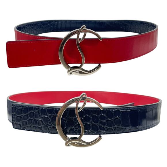 Christian Louboutin CL Logo Crocodile Reversible Leather Belt Blue Size 85/34 - Picture 1 of 14